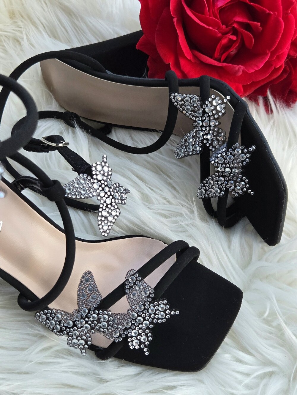 Black and Silver High Block Heel Sandals with Rhinestone Embellishments